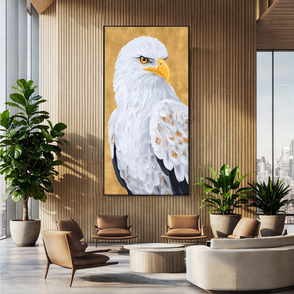 Tablou canvas cu tablou canvas cu vultur alb, in rama de aluminiu negru, pe perete intr-un birou